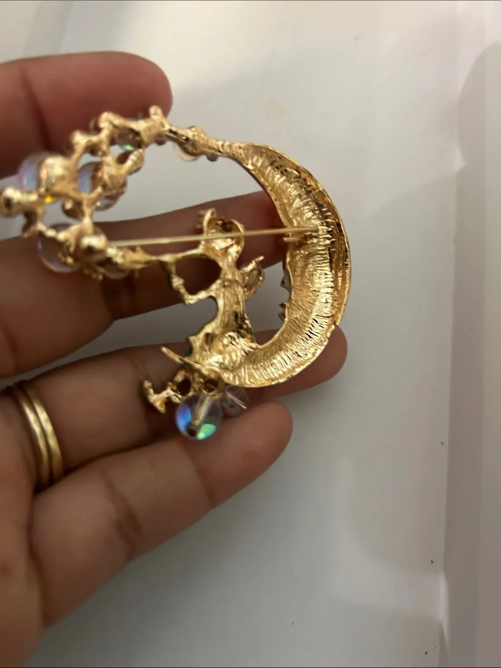 Gold and Green Crescent Moon Fairy Brooch with Iridescent Beads - Women Jewelry